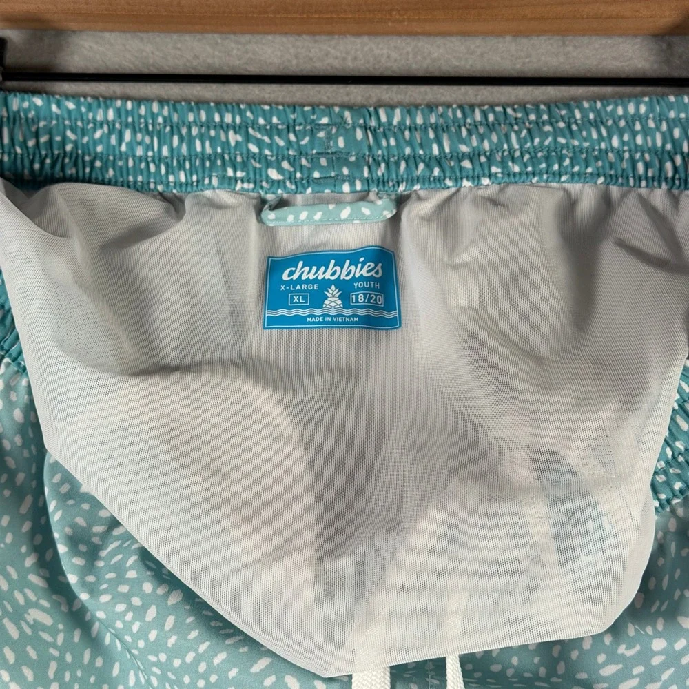 Chubbies Teal White Abstract Dot Swim Trunks Mesh Lined XL Youth 18/20